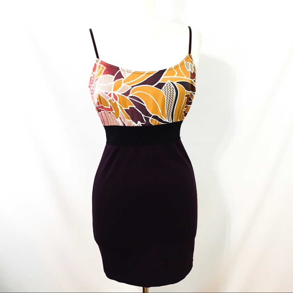 Free People Floral Print Mini Dress in Mustard, Maroon & Black